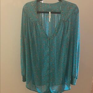 Bellatrix Teal Floral V-Neck Long-Sleeve Blouse
